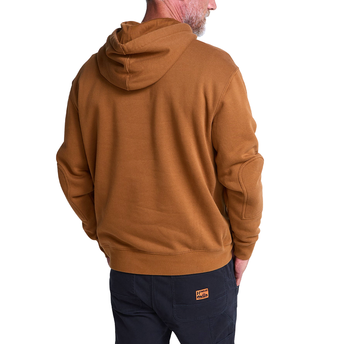 Back view of Workbench tan brushed fleece hoodie on a man