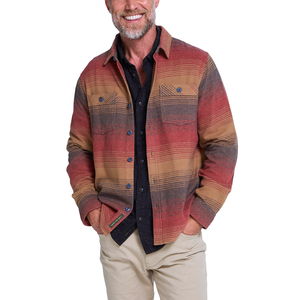 Man wearing open Sunset blanket flannel over a dark tee, front view