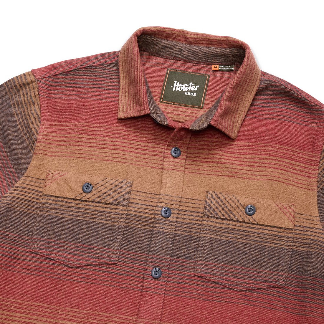 Close up of Rodanthe flannel collar and chest pockets in Sunset