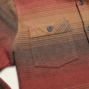 Detail of heavyweight cotton blanket flannel pocket and button in Sunset stripe