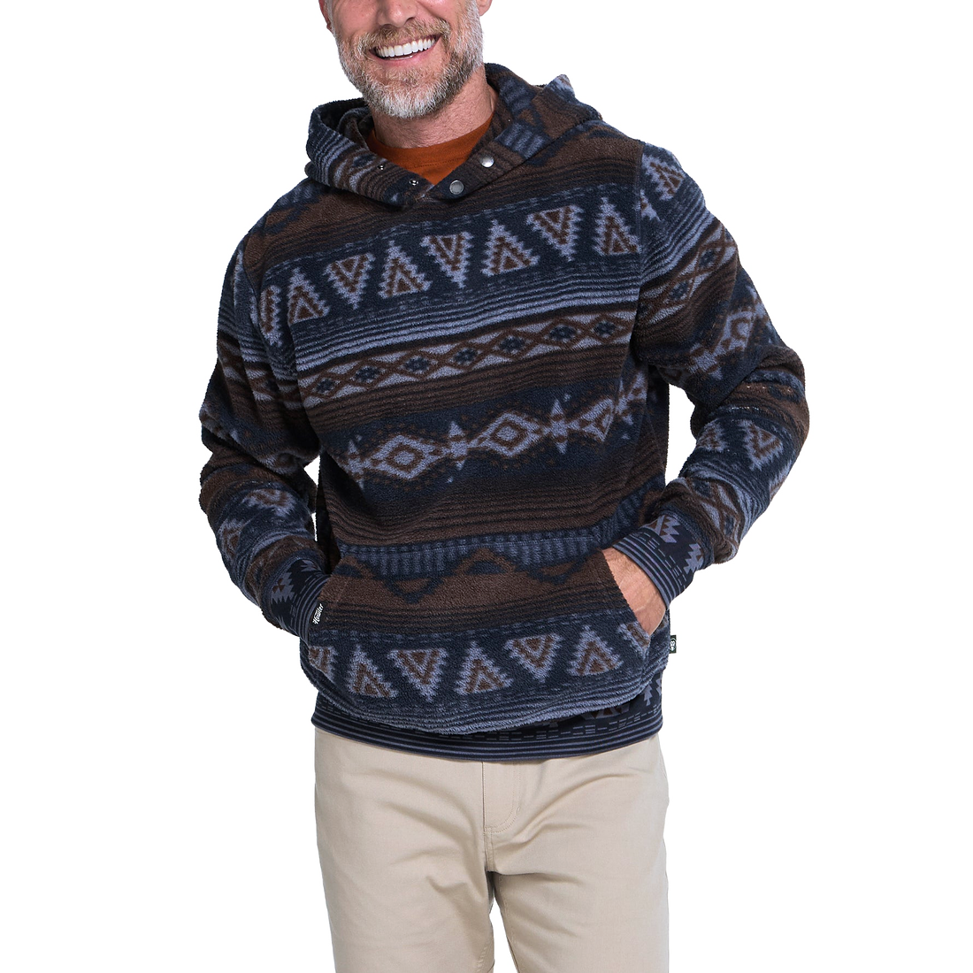 Man wearing Canyon Codes Winter Sky Tajima hoodie with hands in front pocket