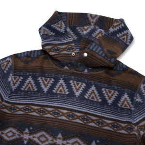 Close up of Tajima hoodie neckline and hood snap in Canyon Codes pattern