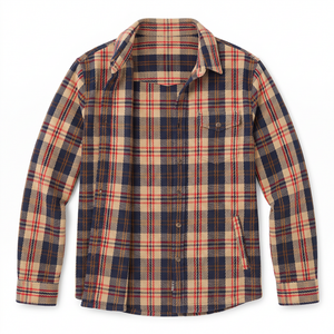Flat lay of Heavy Twill Shacket in Navy Multi Plaid with tan, red and navy check and chest pocket - The Simple Man