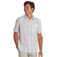 Hemp Stripe Pearl Snap Shirt Light Blue front view – classic fit organic cotton hemp short sleeve shirt – The Simple Man
