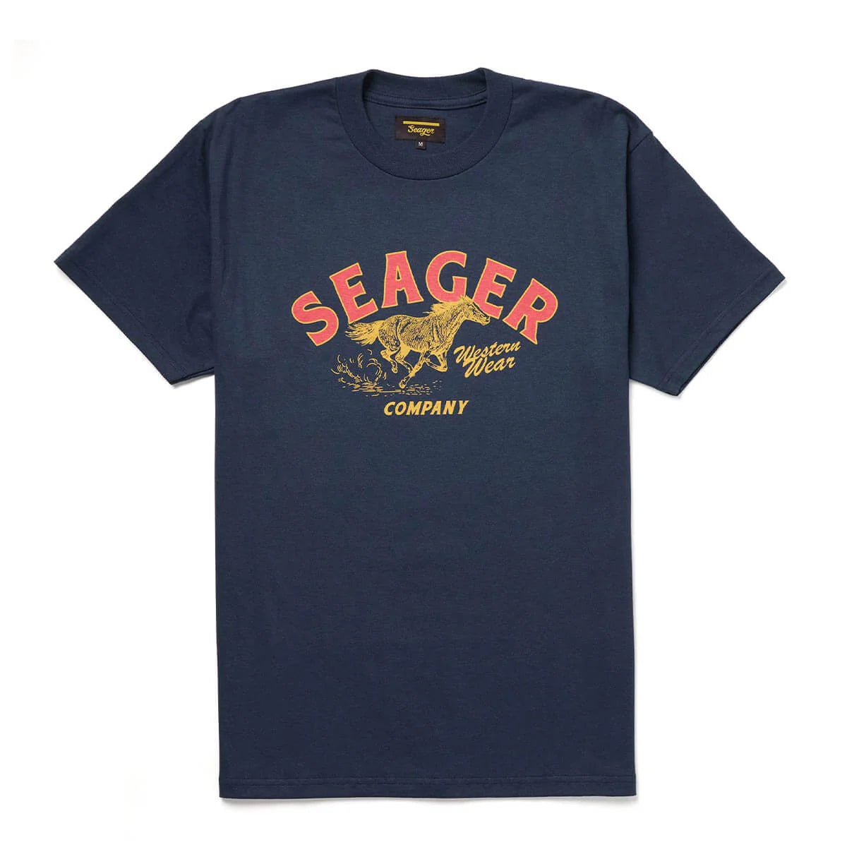 Front view of Seager Heritage Tee - navy men's t-shirt with vintage western print