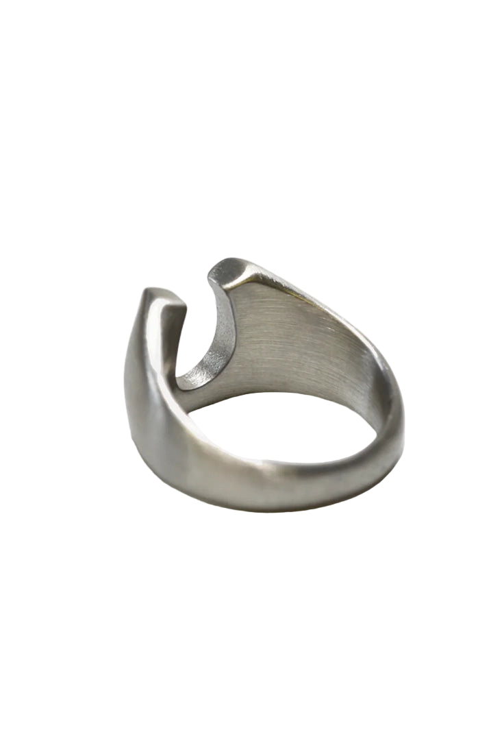 Men’s stainless steel horseshoe ring, back view showing open band design — durable minimalist men’s jewelry from The Simple Man Omaha.