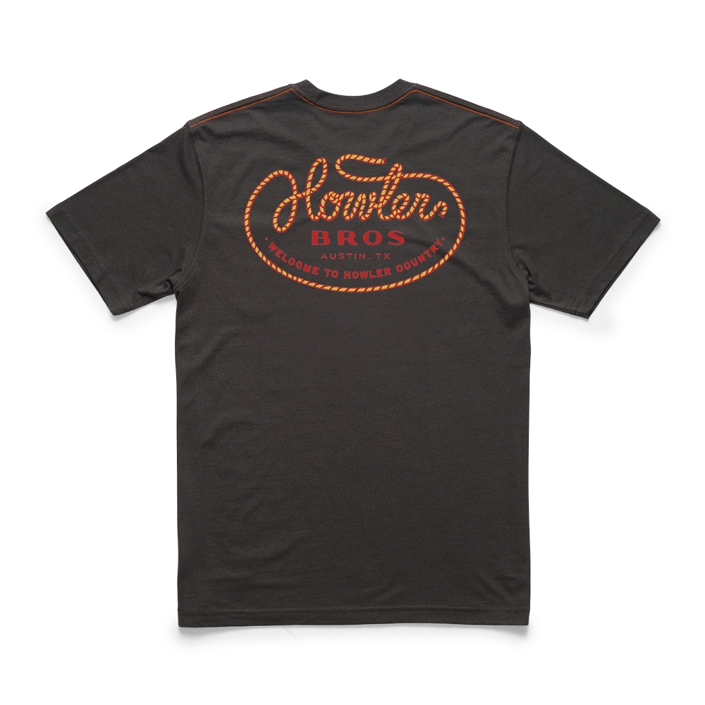 Back view of Howler Brothers Lasso T-Shirt in charcoal with orange “Welcome to Howler County” rope graphic – men's casual cotton blend tee sold at The Simple Man
