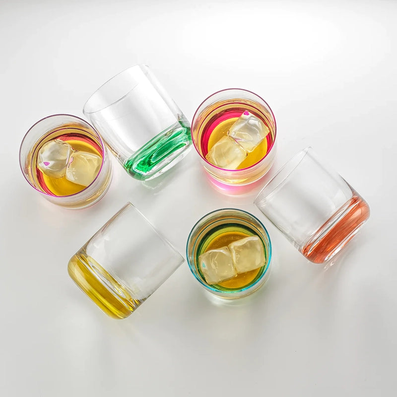 Stylized Hue colored base whiskey glass set of 6 glasses: Violet, blue, yellow, green, pink, red