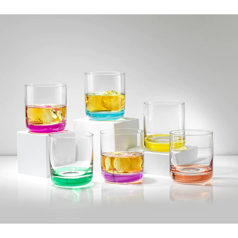 Hue colored base whiskey glass set of 6 glasses: Violet, blue, yellow, green, pink, red
