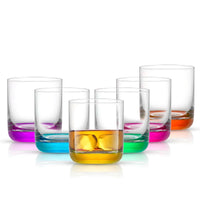 Hue colored base whiskey glass set of 6 glasses: Violet, blue, yellow, green, pink, red