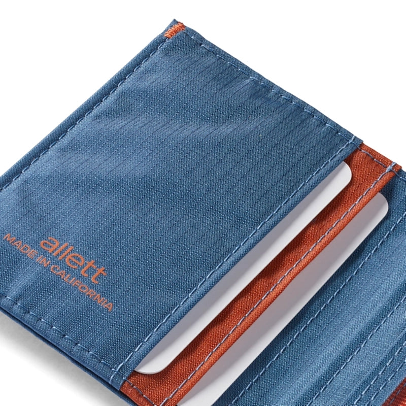 Allett Hybrid Card wallet in Indigo Blue, close up detail view