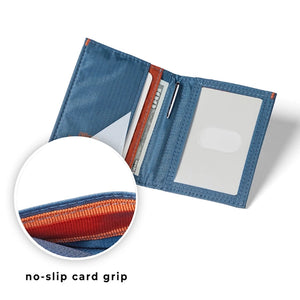 Allett Hybrid Card wallet in Indigo Blue, close up detail pocket grip view