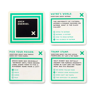 Close-up of Incredibly Pointless Trivia question cards. Fun party game with misleading trivia categories and humorous content—great gift idea for men.