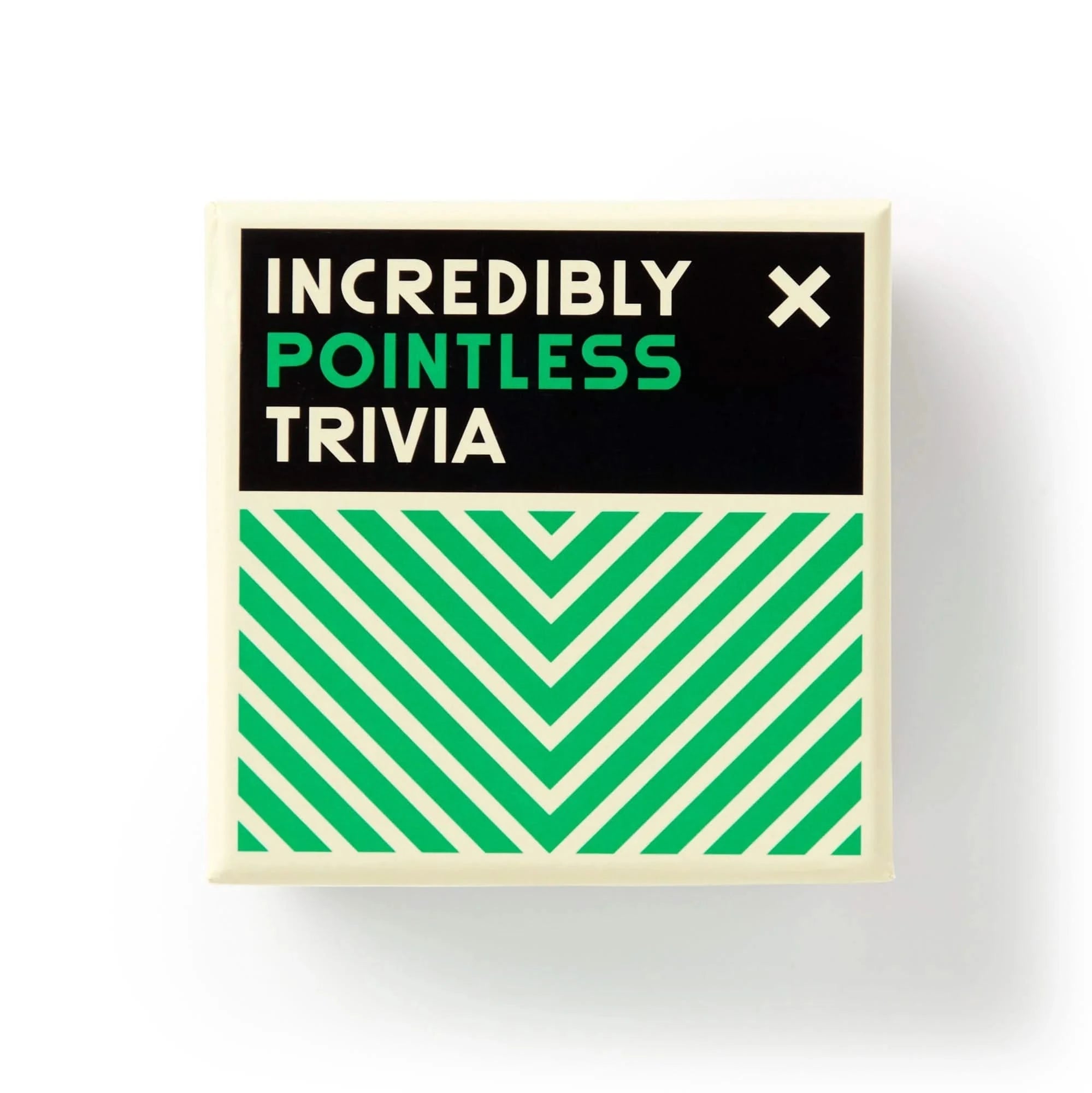 Front of Incredibly Pointless Trivia game box. Bold green and black design with white typography—fun and quirky trivia game gift for guys with a sense of humor.