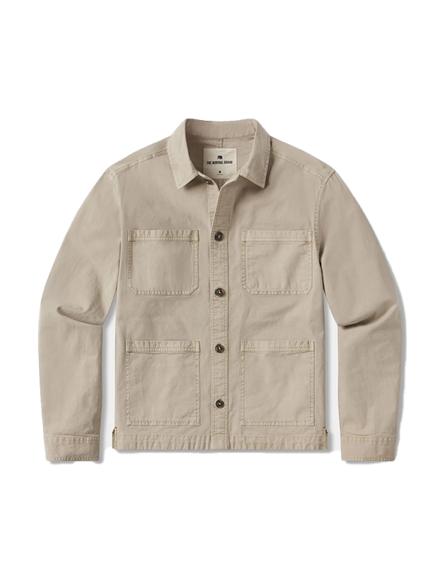 The Normal Brand, James Canvas Overshirt in sand dune color, Flat lay view.