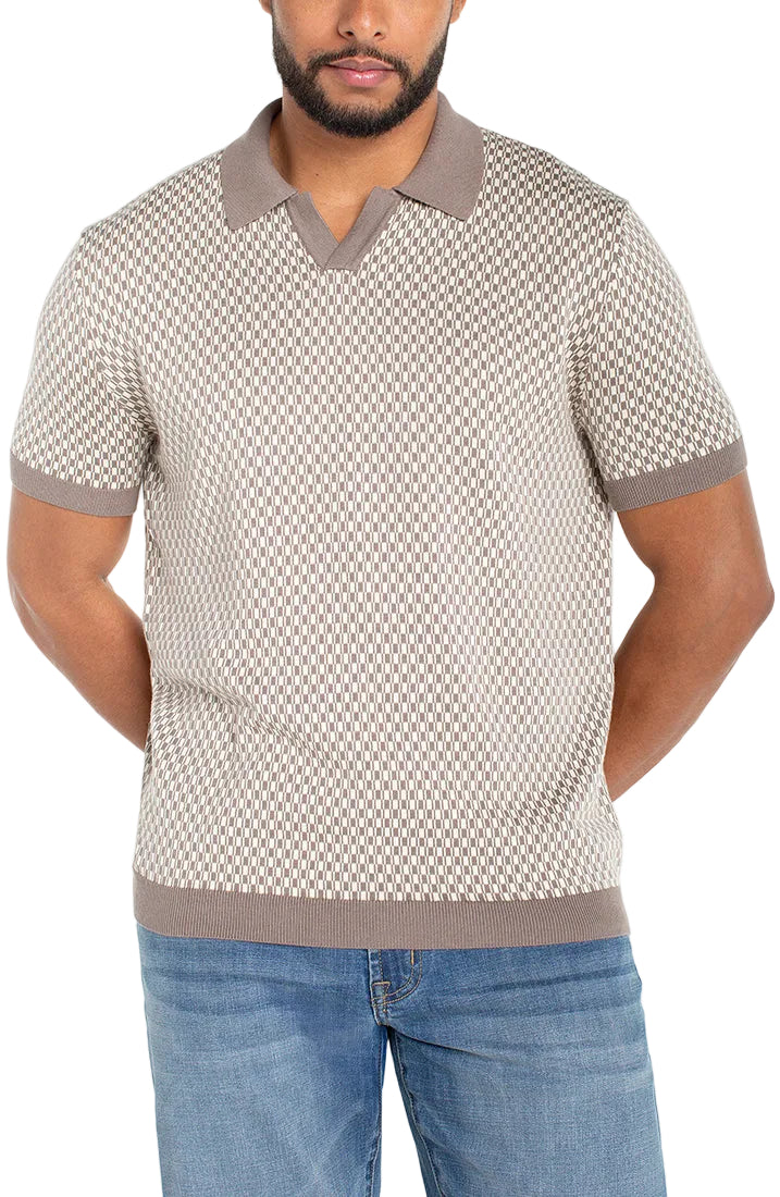 Men’s taupe Johnny collar sweater knit polo shirt with short sleeves and geometric textured pattern