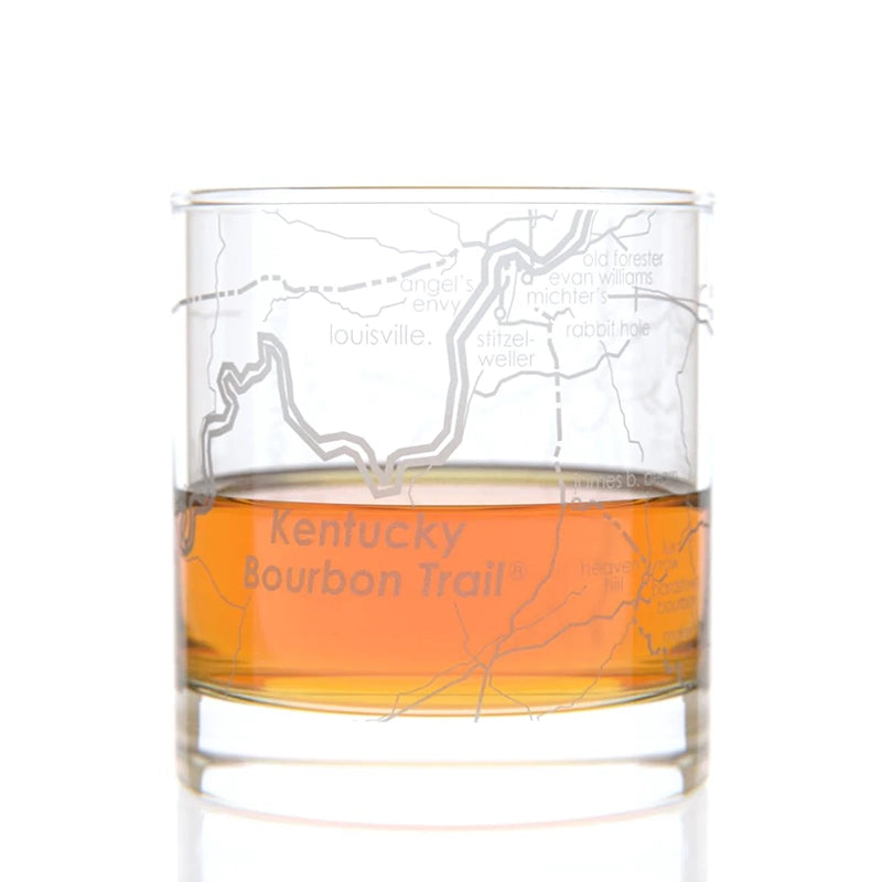 Kentucky Bourbon trail laser etched rocks glass on a white background
