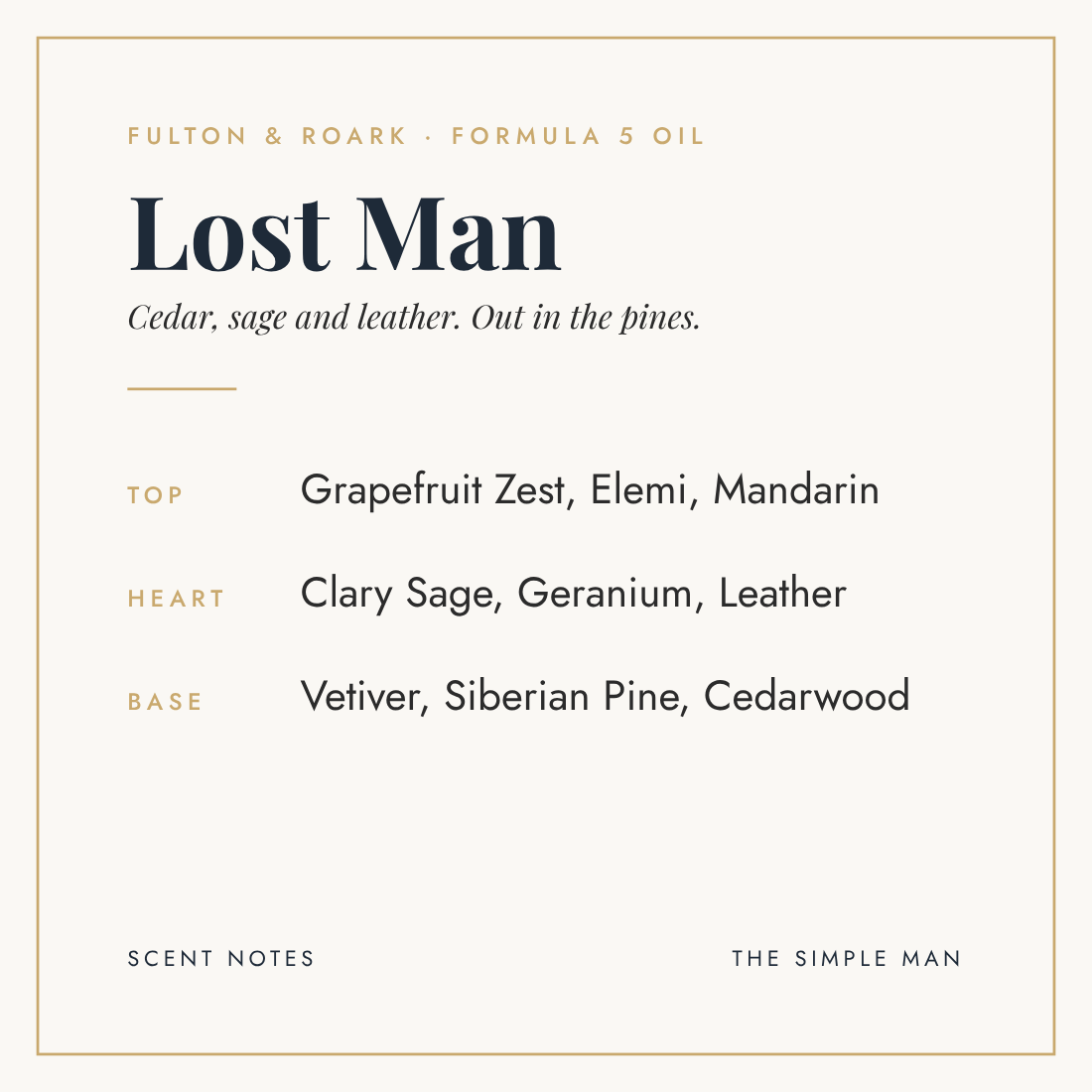 Lost Man Formula 5 oil scent notes: grapefruit, clary sage and leather, vetiver, Siberian pine and cedarwood, The Simple Man