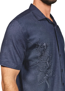 Close-up of tone-on-tone floral embroidery on Marco navy linen camp shirt – stretch linen blend men's short sleeve shirt detail