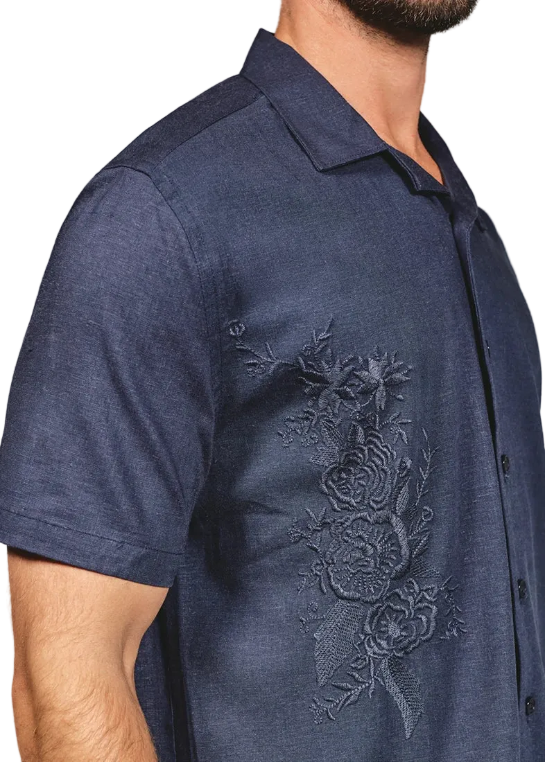 Close-up of tone-on-tone floral embroidery on Marco navy linen camp shirt – stretch linen blend men's short sleeve shirt detail