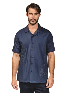 Marco embroidered linen camp shirt in navy – tone-on-tone floral embroidery, camp collar, short sleeve men's button-down shirt