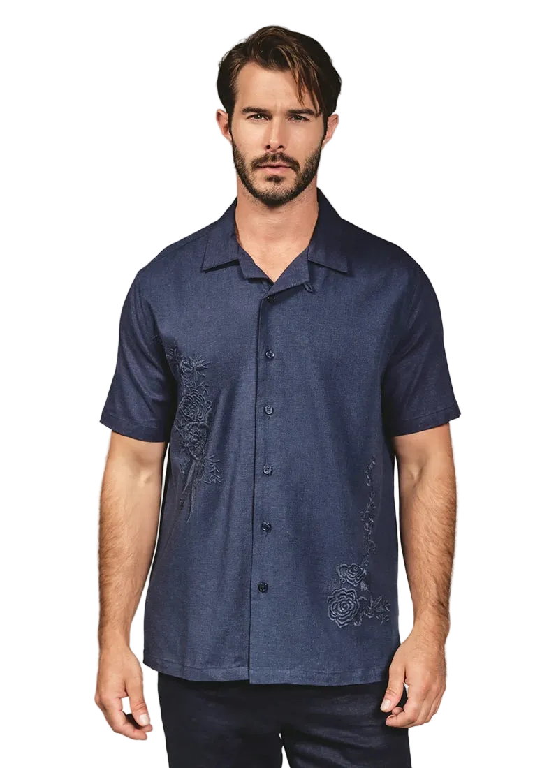 Marco embroidered linen camp shirt in navy – tone-on-tone floral embroidery, camp collar, short sleeve men's button-down shirt