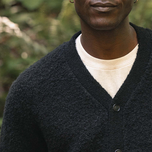Close up of the V-neck and textured boucle knit on the Mateo cardigan in black - The Simple Man