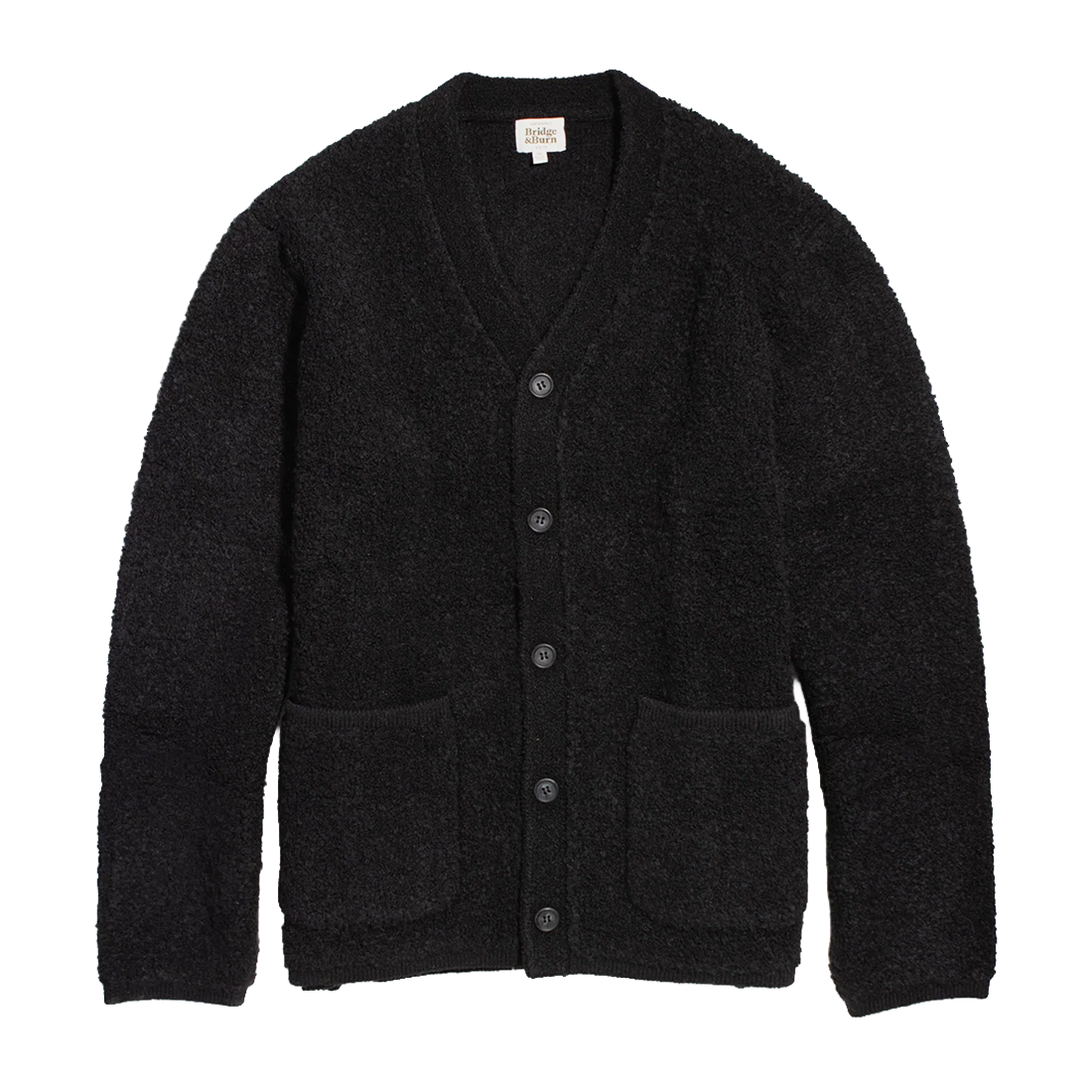 Mateo cardigan in black, textured boucle wool blend knit with a V-neck, five button front and two patch pockets, flat lay - The Simple Man