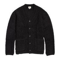 Mateo cardigan in black, textured boucle wool blend knit with a V-neck, five button front and two patch pockets, flat lay - The Simple Man