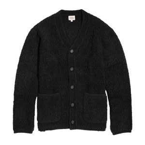 Mateo cardigan in black, textured boucle wool blend knit with a V-neck, five button front and two patch pockets, flat lay - The Simple Man