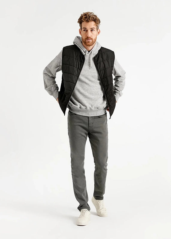Model Wearing Duer No Sweat Slim Fit 5 Pocket pants in Gull color, Front View 