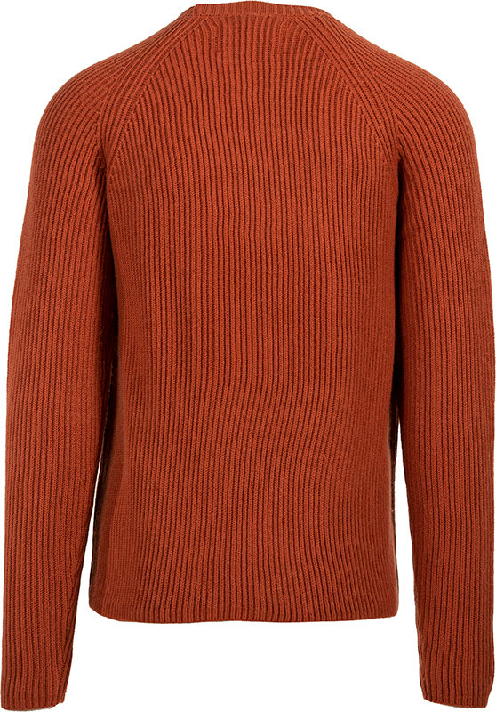 Schott NYC merino wool ribbed crewneck sweater in rust color, rear view