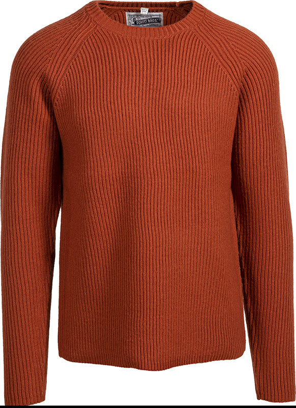 Schott NYC merino wool ribbed crewneck sweater in rust color, front view