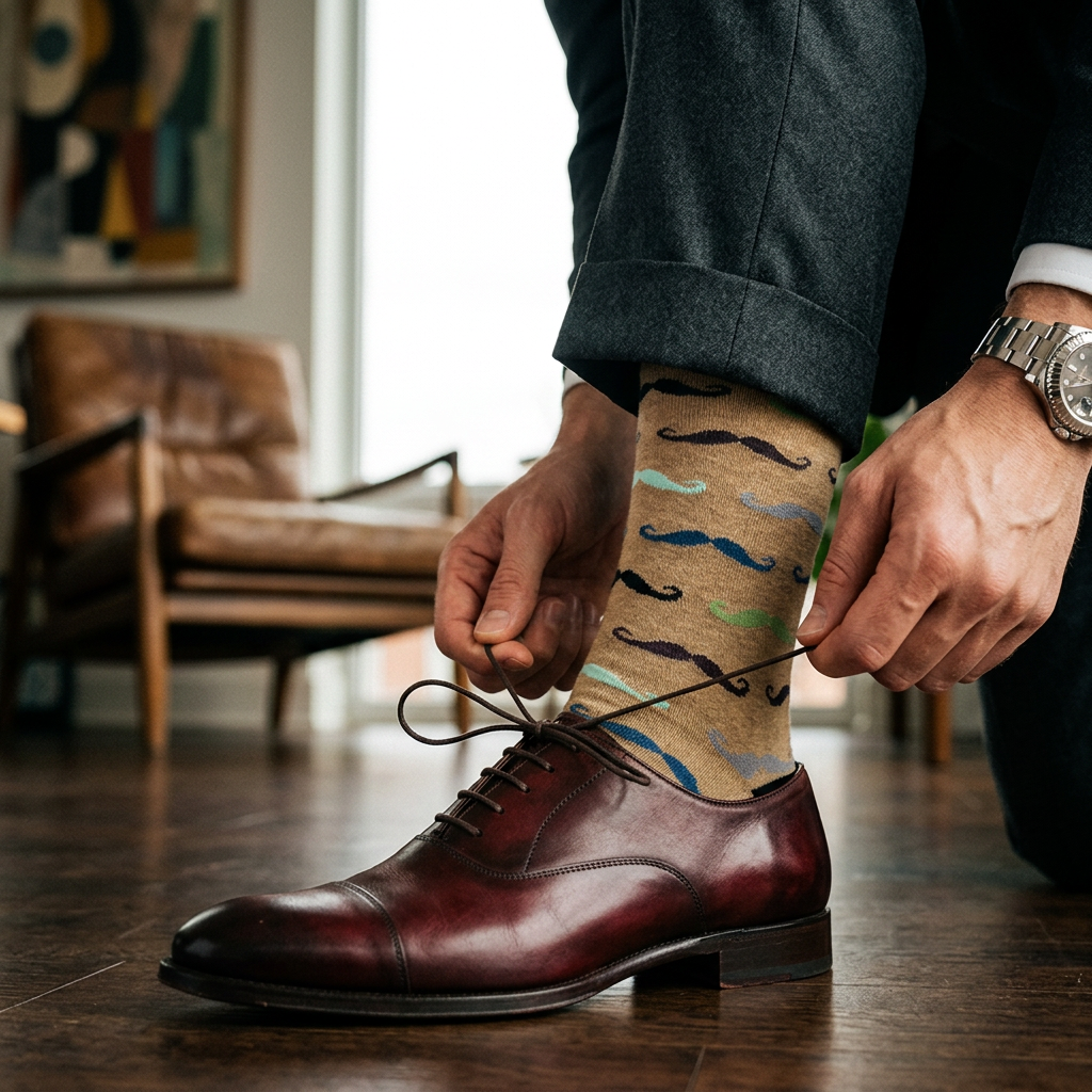 Man tying dress shoes wearing Unsimply Stitched Mustaches Sock in Khaki Multi, lifestyle shot