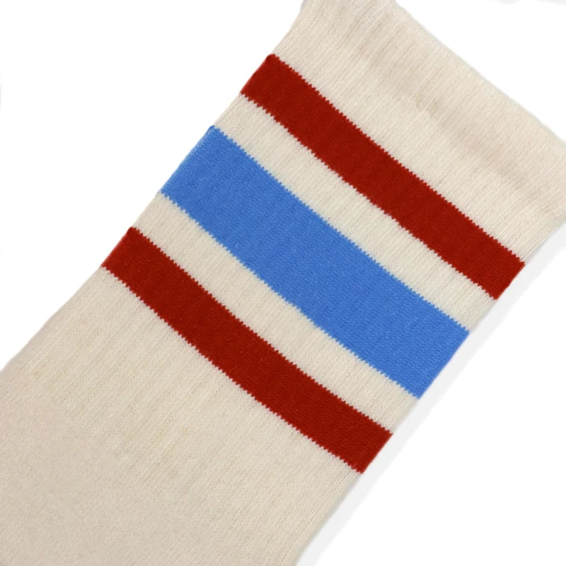 Socco naturals socks with Columbia blue and rust stripes close up view