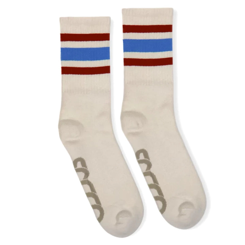 Socco naturals socks with Columbia blue and rust stripes