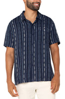 Model Wearing Liverpool Short Sleeved Button up shirt in Navy with White stripes, front view