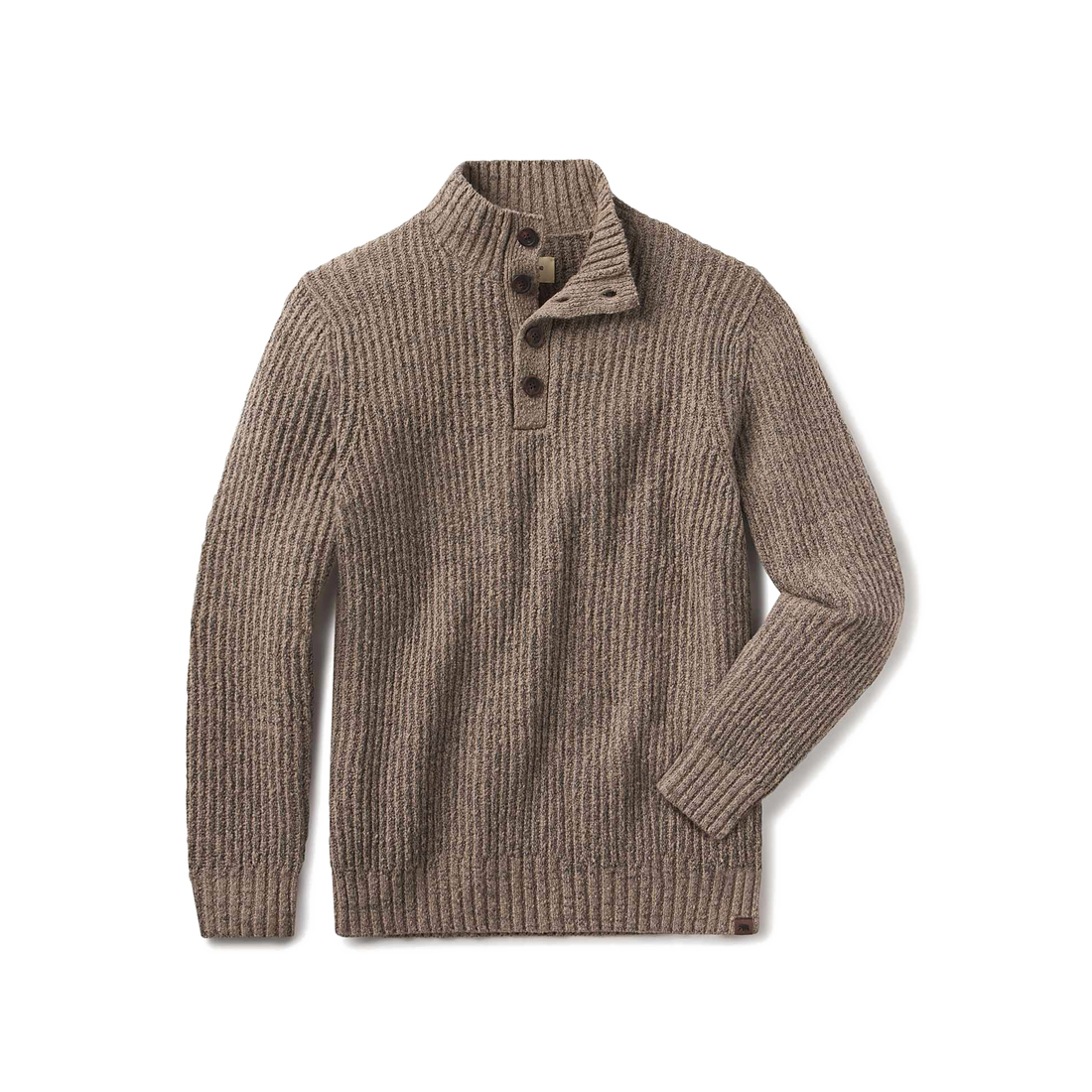 Taupe boucle popover sweater for men, flat lay with stand collar and 4-button placket - The Simple Man