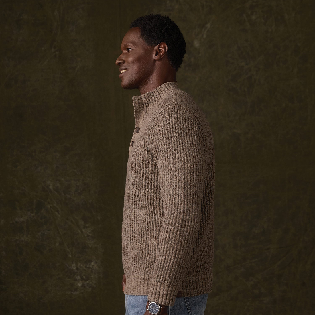 Side view of Taupe boucle popover sweater showing rib cuff and sleeve