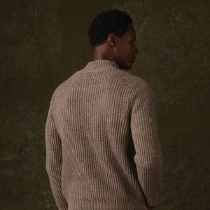 Back view of Taupe boucle popover sweater on a man