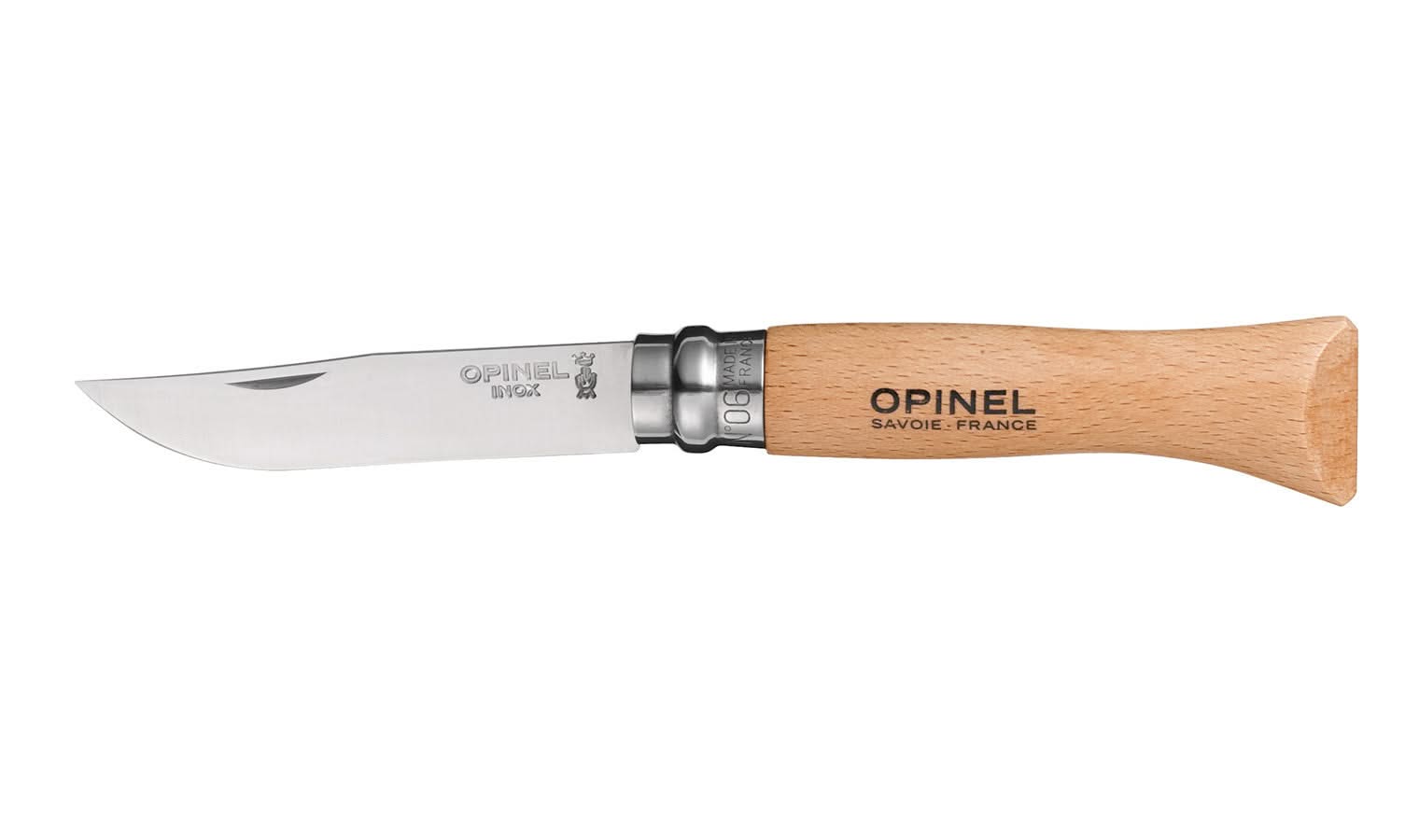 Opinel No. 06 stainless steel folding pocket knife with beechwood handle, closed, product shot