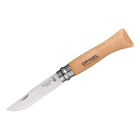 Opinel No. 06 stainless steel folding pocket knife with beechwood handle and blade open, angled product shot, The Simple Man