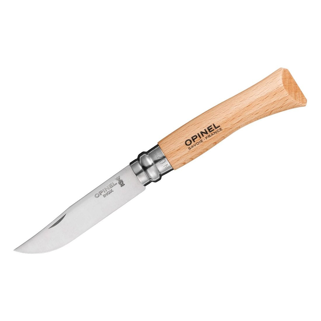 Opinel No. 07 stainless steel folding pocket knife with beechwood handle and blade open, angled product shot, The Simple Man