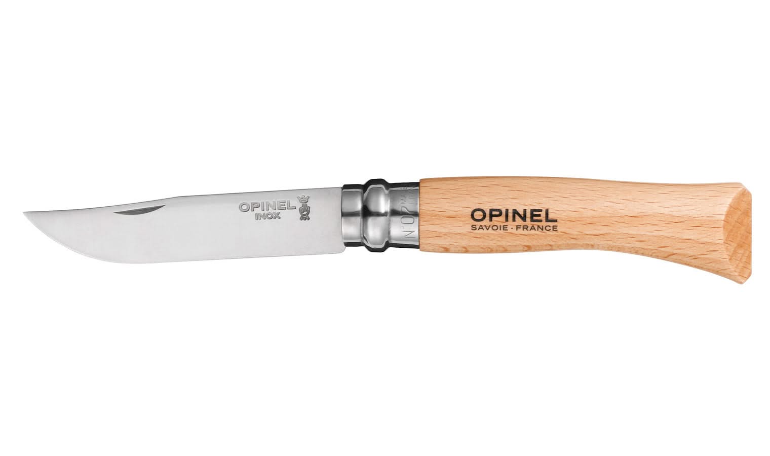 Opinel No. 07 stainless steel folding pocket knife with beechwood handle, closed, product shot