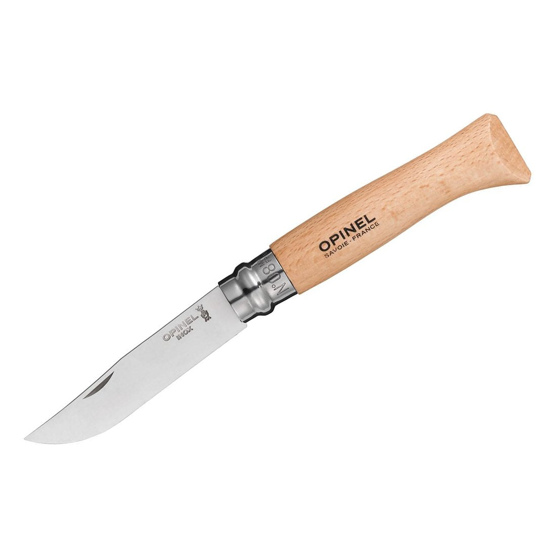 Opinel No. 08 stainless steel folding pocket knife with beechwood handle and blade open, angled product shot, The Simple Man