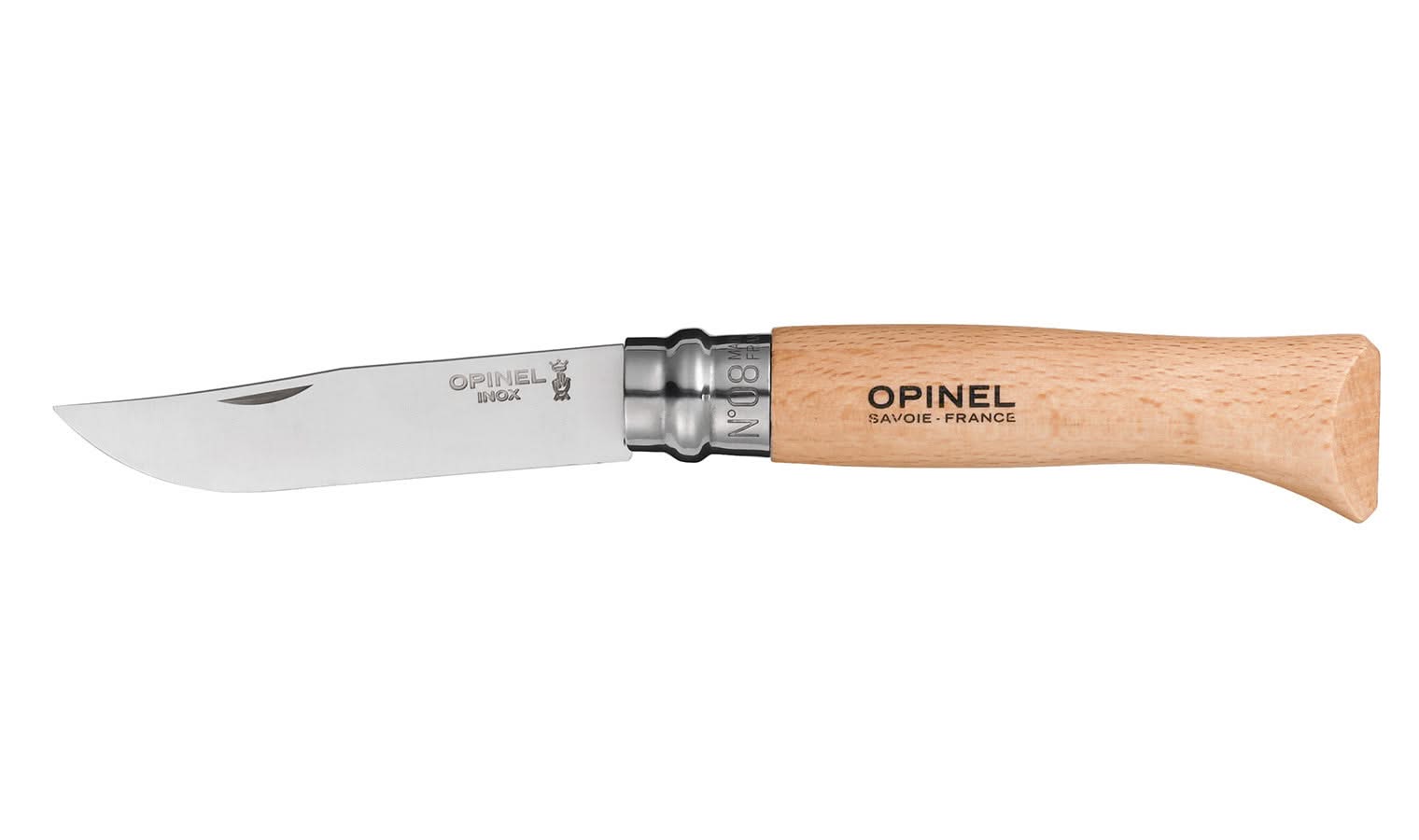 Opinel No. 08 stainless steel folding pocket knife with beechwood handle, closed, product shot