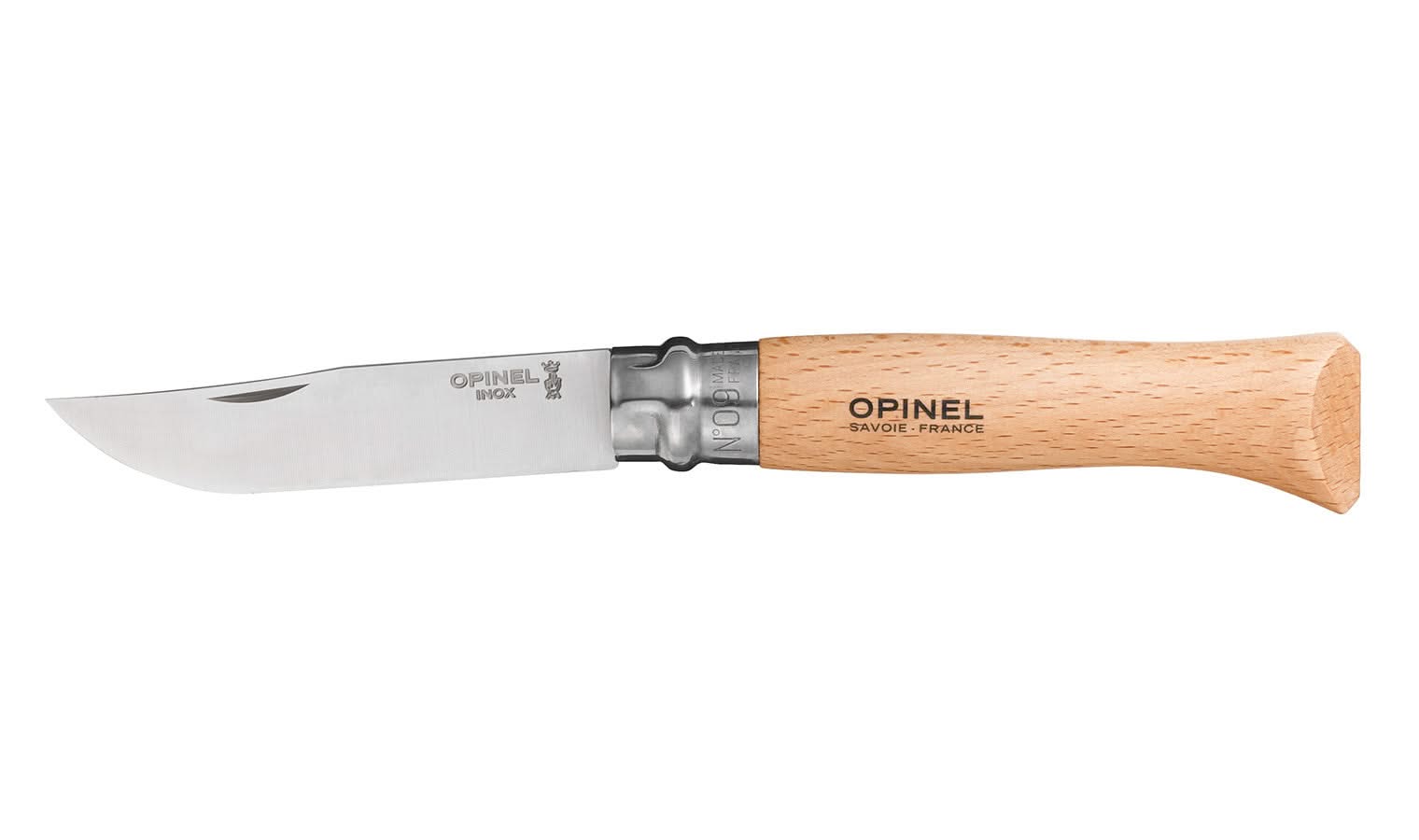 Opinel No. 09 stainless steel folding pocket knife with beechwood handle, closed, product shot