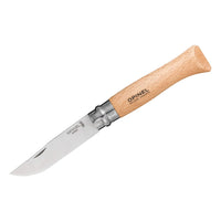 Opinel No. 09 stainless steel folding pocket knife with beechwood handle and blade open, angled product shot, The Simple Man
