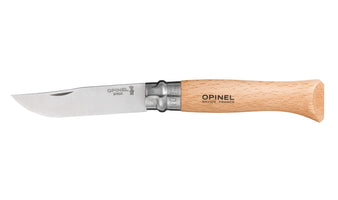Opinel No. 09 stainless steel folding pocket knife with beechwood handle, closed, product shot