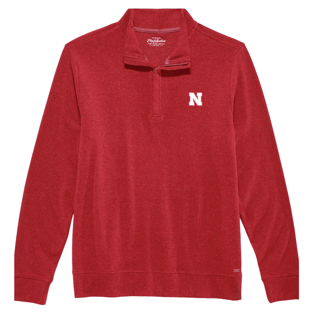 Nebraska Huskers red twill quarter-zip mock neck pullover with white embroidered N, flat lay front